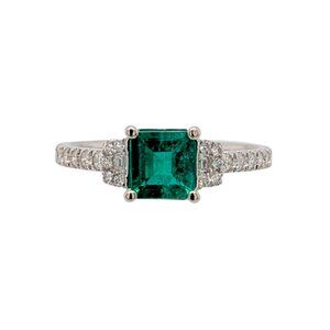 Colombian Asscher-Cut Emerald Ring with Diamond Accents in 14k White Gold
